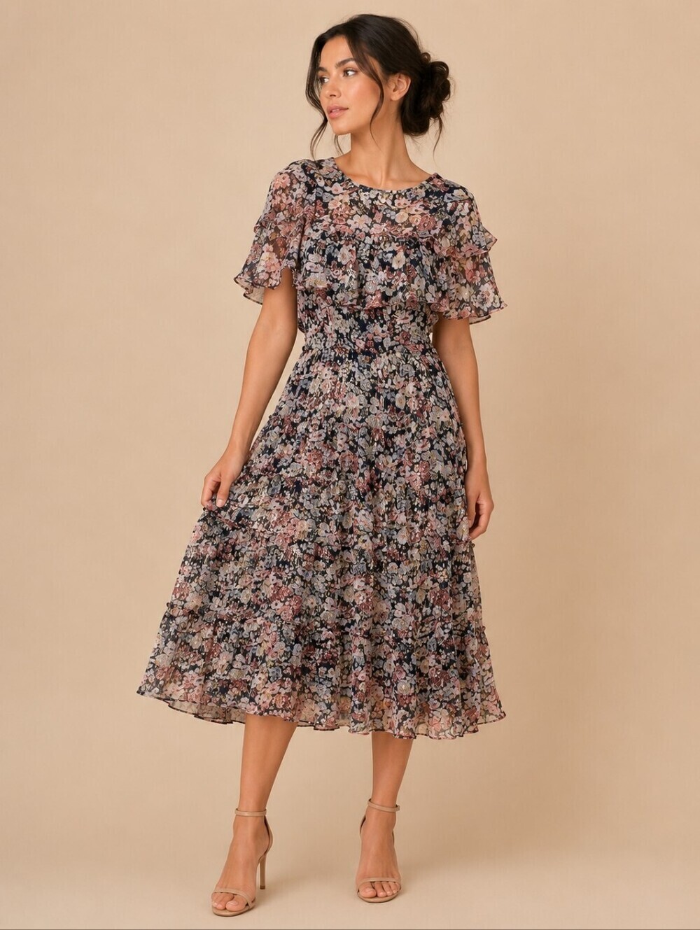 vtg Floral Chiffon Metallic Ruffle Tier Cottage Fairycore Land Girl Dress